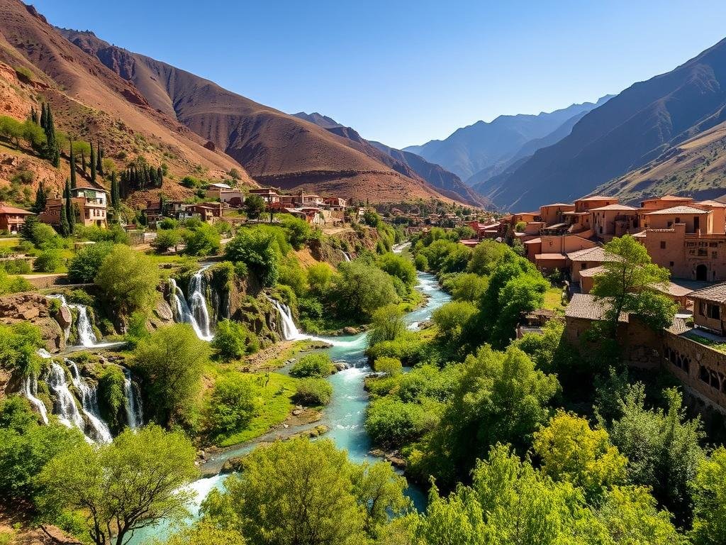 Waterfalls and lush vegetation in the Ourika Valley Waterfalls and lush vegetation in the Ourika Valley