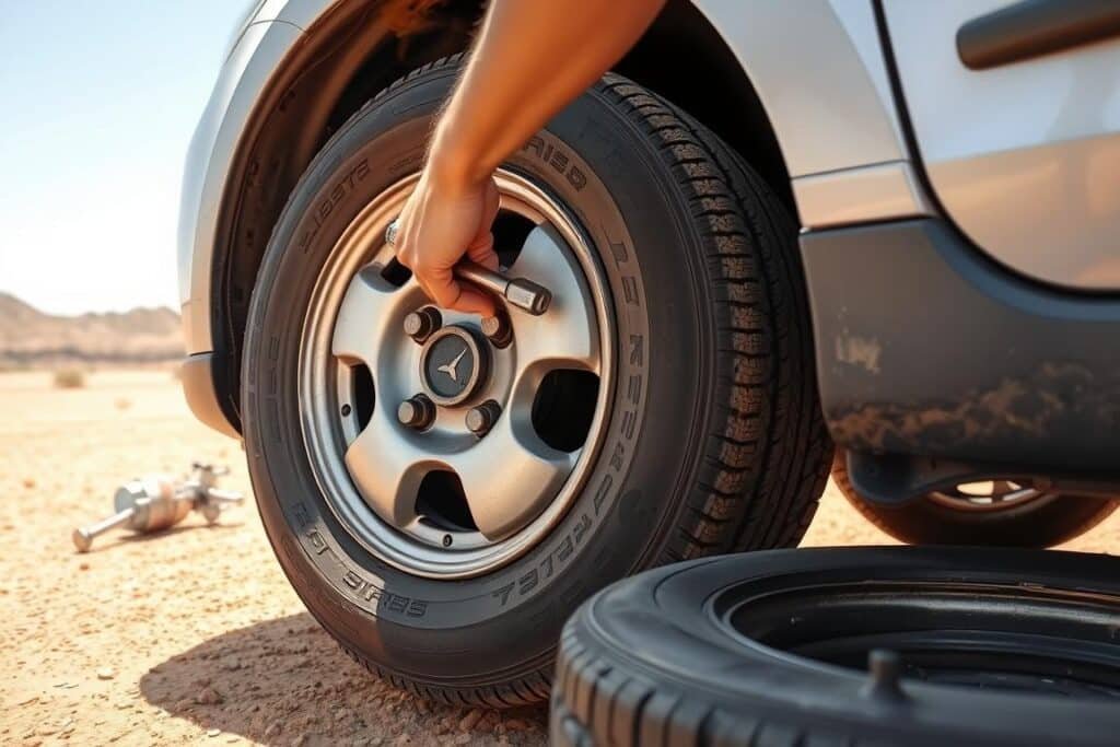 Changement de roue sur une voiture de location à Marrakech