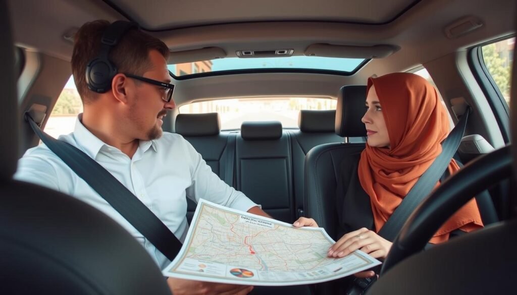 Driver and customer discussing a route on a map of Marrakech Driver and customer discussing a route on a map of Marrakech