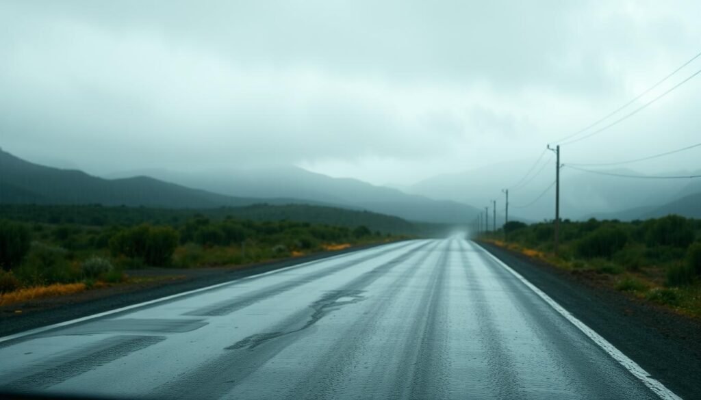 Difficult weather conditions on a rural Moroccan road with rain and reduced visibility