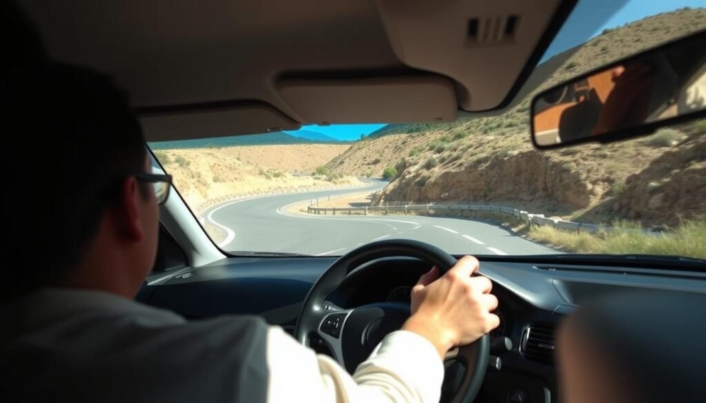 Driver adjusting speed on a winding Moroccan rural road
