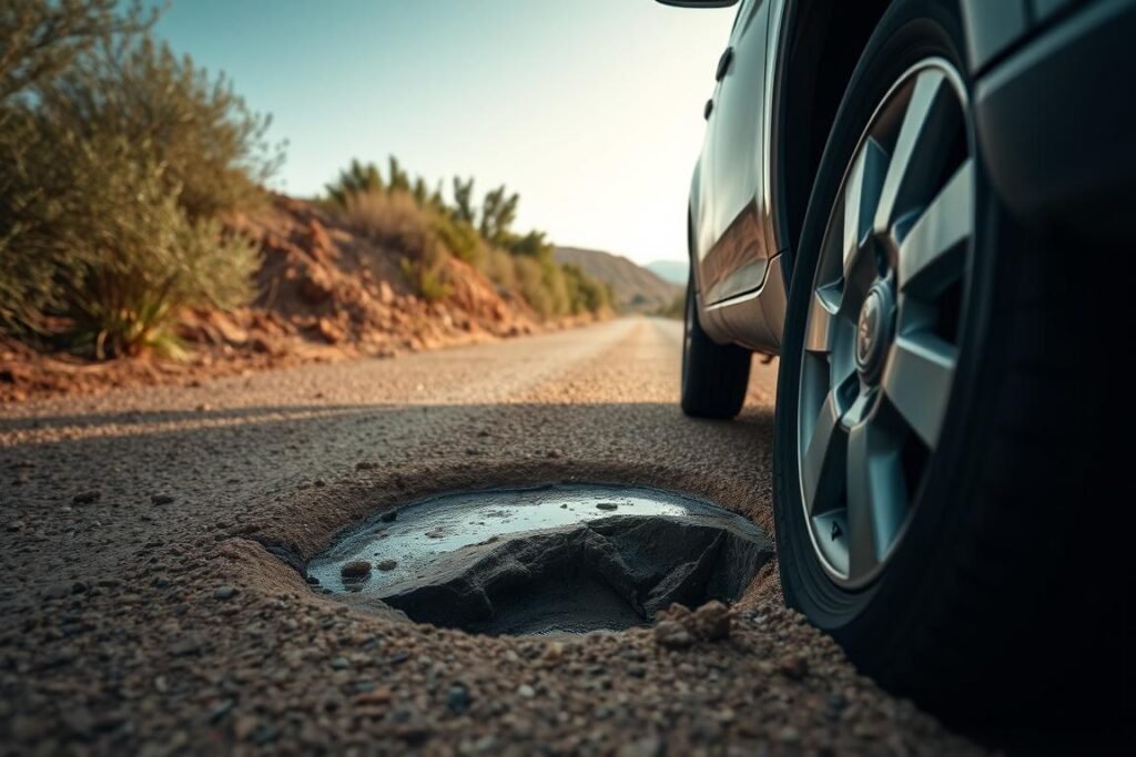 Managing a pothole on a rural Moroccan road