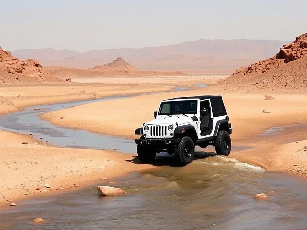 Jeep Wrangler traversant un oued asséché dans le désert marocain Jeep Wrangler traversant un oued asséché dans le désert marocain