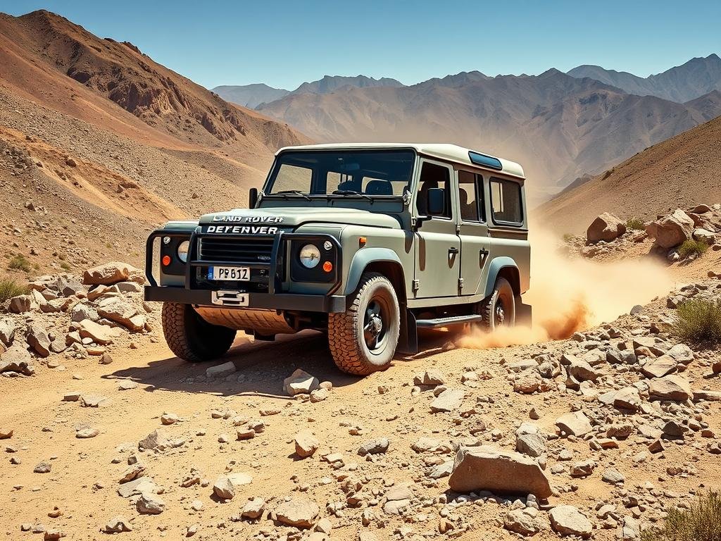 Land Rover Defender sur une piste rocailleuse dans l'Atlas marocain Land Rover Defender sur une piste rocailleuse dans l'Atlas marocain