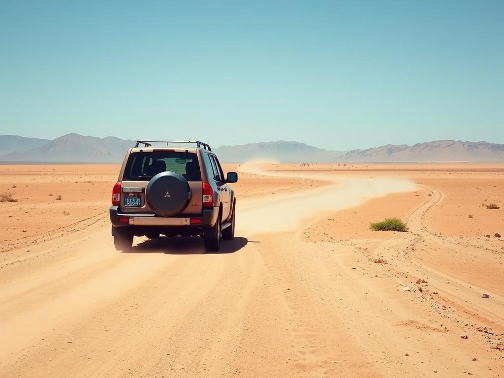 Mitsubishi Pajero traversant une plaine désertique au Maroc Mitsubishi Pajero traversant une plaine désertique au Maroc