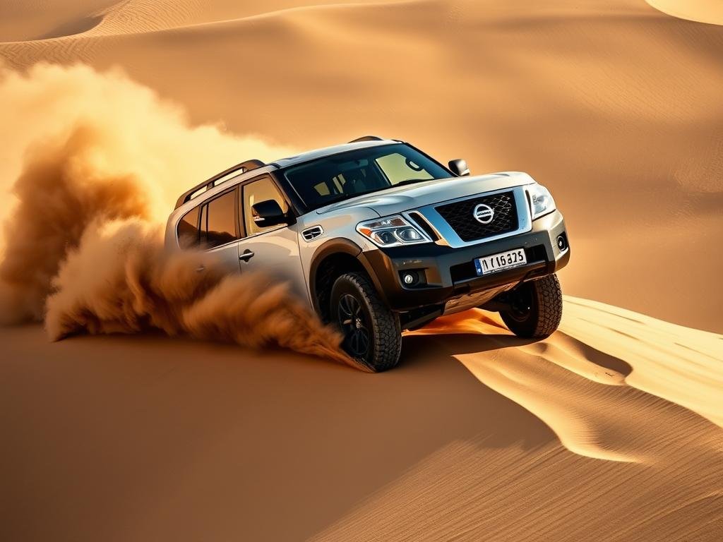 Nissan Patrol escaladant une dune dans l'Erg Chebbi au Maroc Nissan Patrol escaladant une dune dans l'Erg Chebbi au Maroc