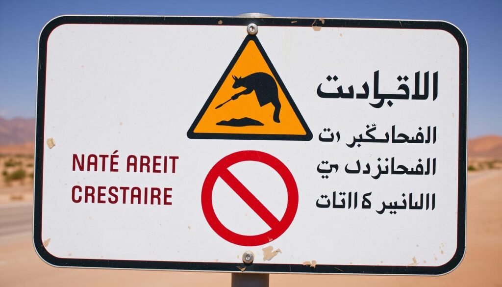 Panneau d'avertissement de zone militaire près de la frontière sud du Maroc Panneau d'avertissement de zone militaire près de la frontière sud du Maroc