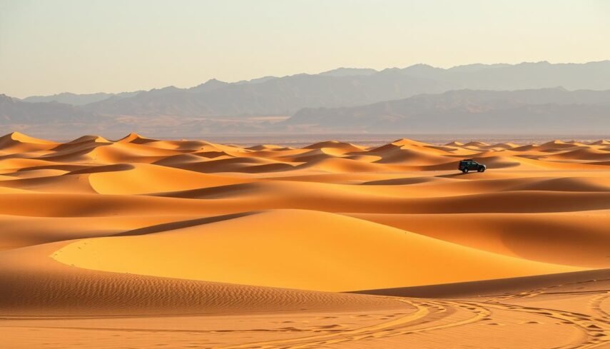 Paysage désertique marocain avec dunes de sable et véhicule 4x4 au loin