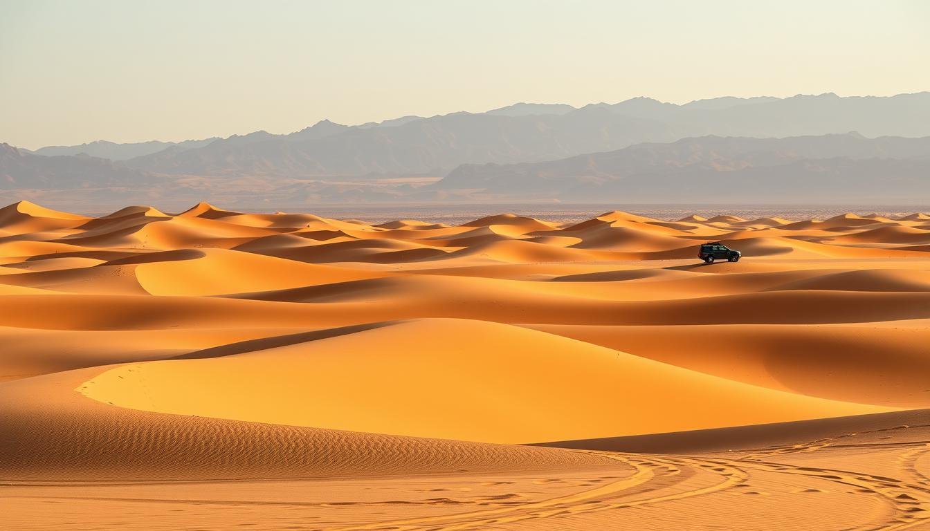 Paysage désertique marocain avec dunes de sable et véhicule 4x4 au loin