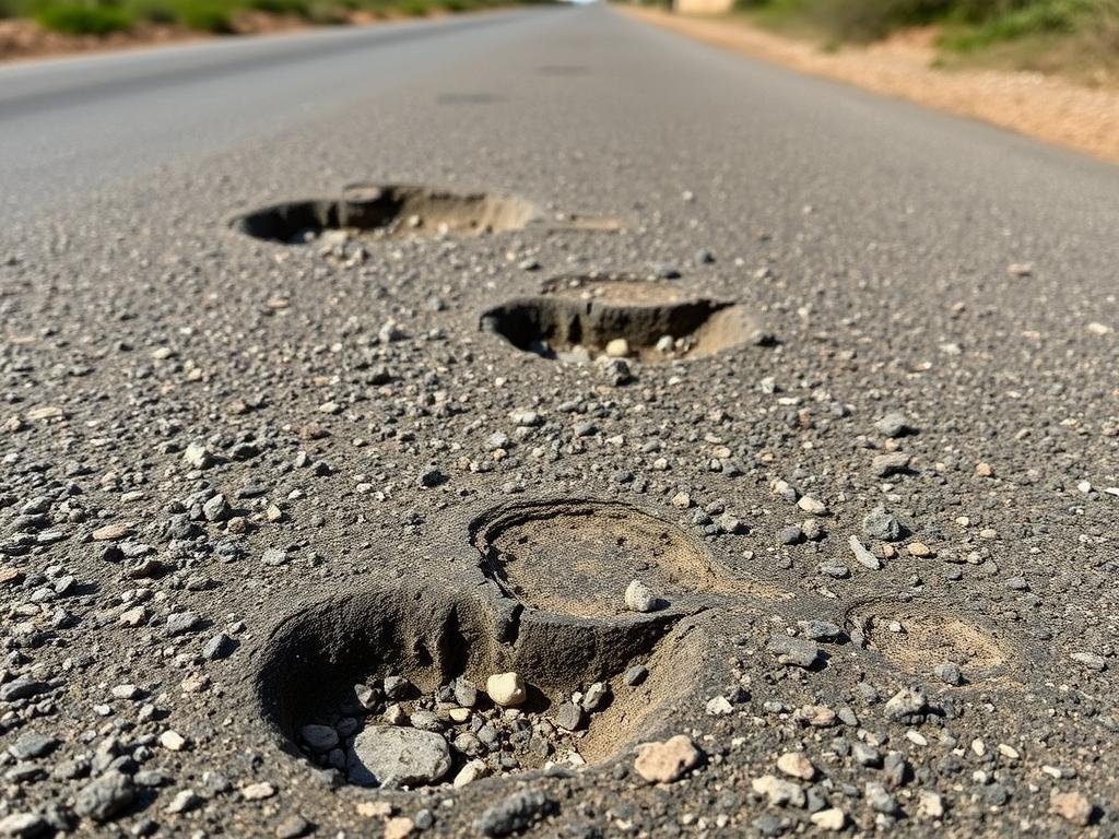 Moroccan rural road with potholes and uneven surface to adapt your driving to Moroccan rural roads