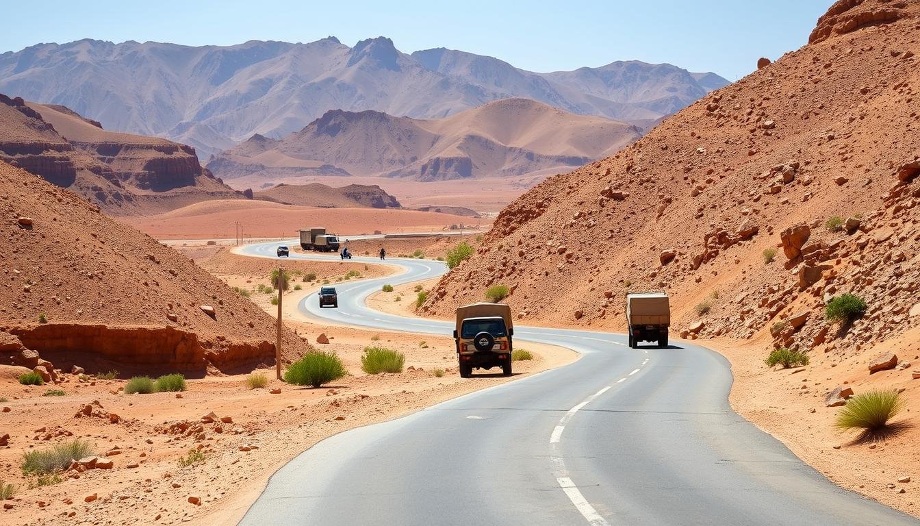 Route rurale typique au Maroc avec montagnes en arriere plan et adapter sa conduite aux routes
