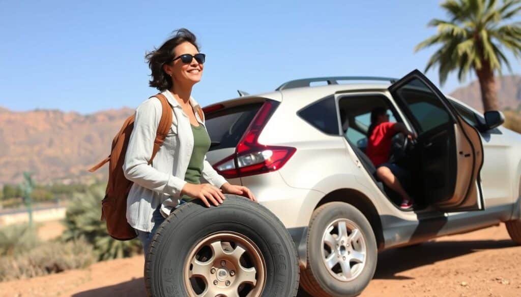 Touriste reprenant la route après réparation d'une crevaison à Marrakech