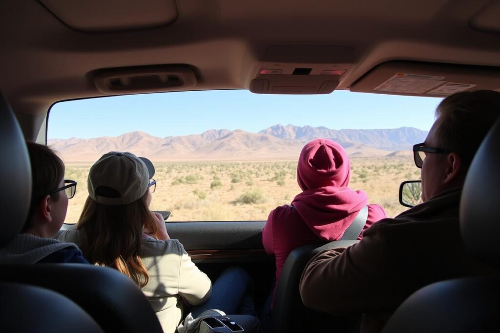 Tourists enjoying the scenery from a chauffeur-driven car near the Atlas Mountains Tourists enjoying the scenery from a chauffeur-driven car near the Atlas Mountains