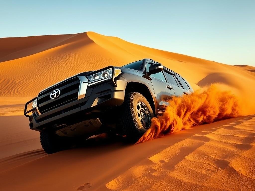 Toyota Land Cruiser traversant une dune dans le désert marocain Toyota Land Cruiser traversant une dune dans le désert marocain