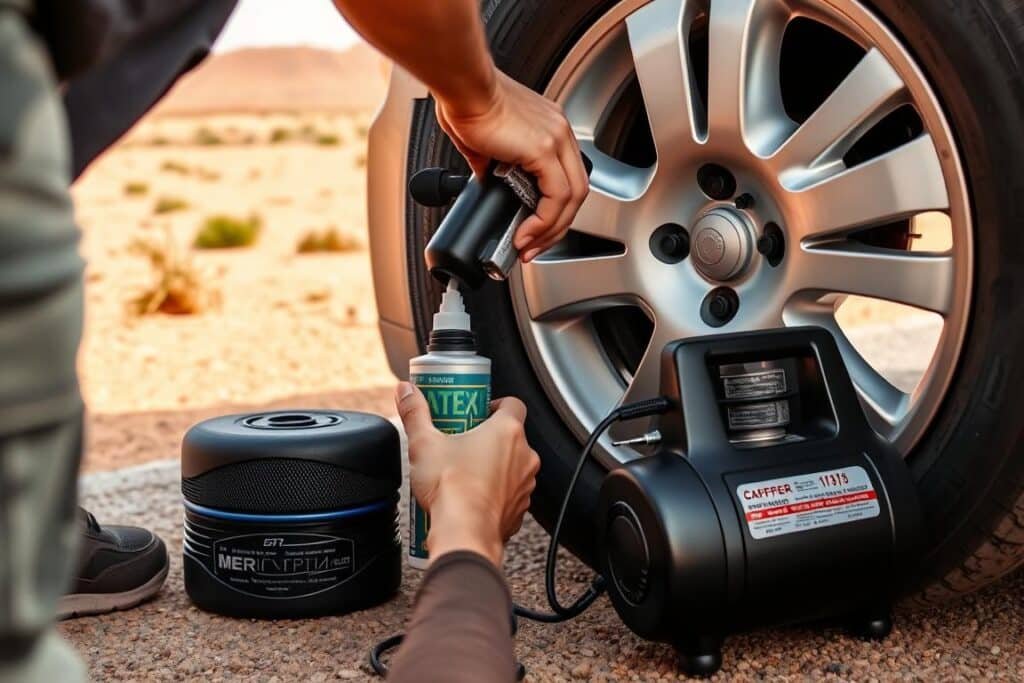 Utilisation d'un kit anti-crevaison sur une location de voiture à Marrakech