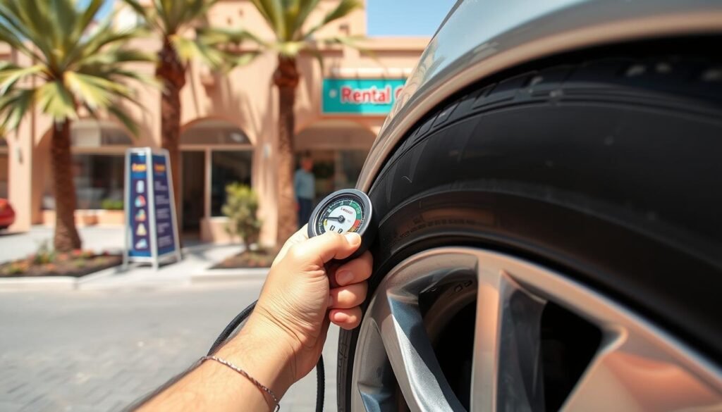 Vérification des pneus d'une voiture de location à Marrakech avant départ