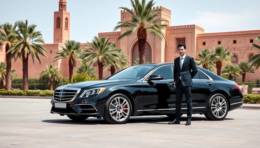 Voiture de luxe avec chauffeur devant un monument emblematique de Marrakech