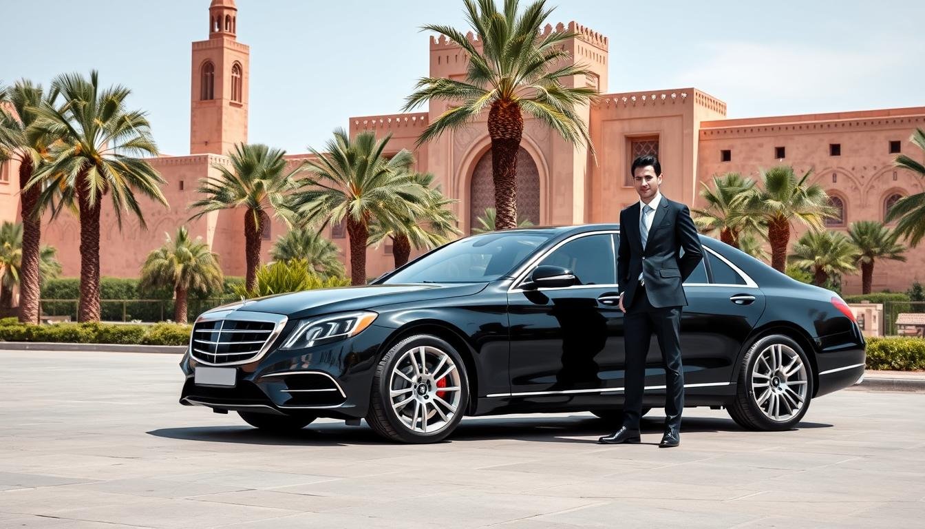 Voiture de luxe avec chauffeur devant un monument emblematique de Marrakech