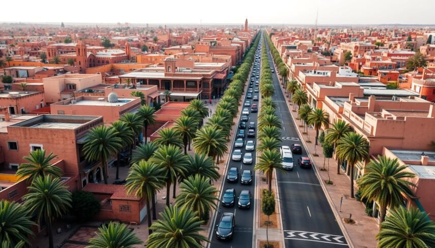 Vue aerienne des routes et avenues principales de Marrakech montrant le contraste entre la